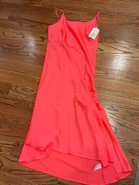 Neon Pink Slip Midi Dress with Spaghetti Straps